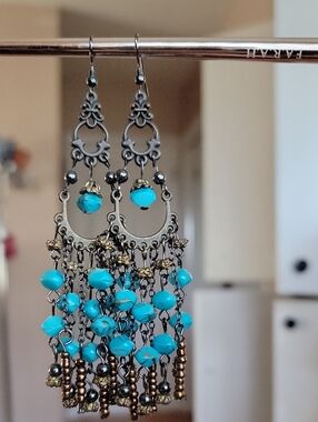 Boho Turquoise Bead Chandelier Earrings - Unbranded